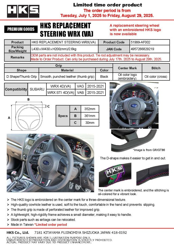 HKS 51999-AF002 D-Shape Steering Wheel for 2015-2021 Subaru WRX STI