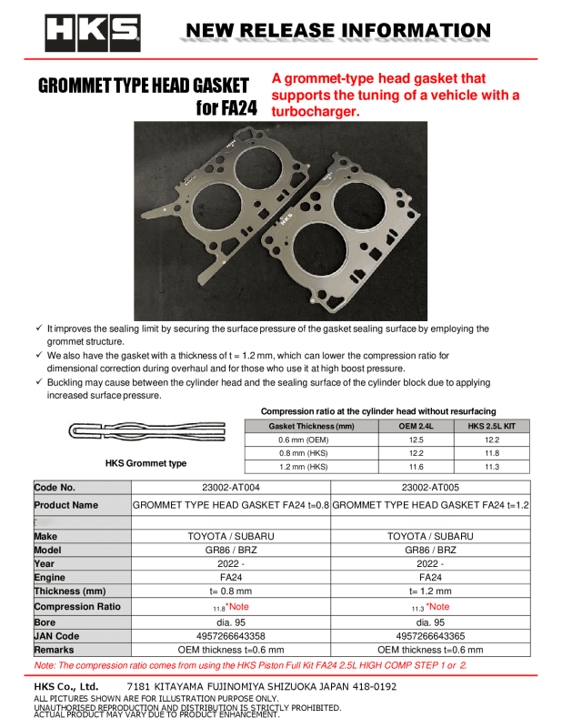 HKS 23002-AT005 Grommet Type Head Gasket for 2022-2026 Subaru WRX, GR86 &amp; BRZ