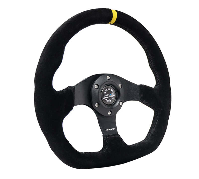NRG Reinforced Steering Wheel (320mm) Sport Suede Flat Bottom w/ Yellow Center Mark