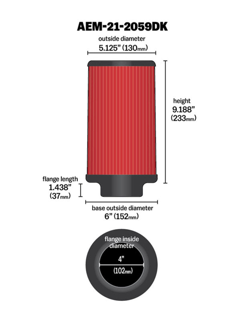 AEM 21-2059DK for 4 Inch X 9 Inch Dryflow Element Filter Replacement