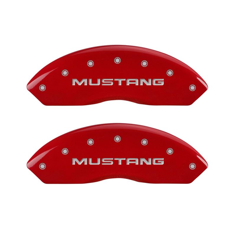 MGP 4 10095SMPYRD for Caliper Covers Engraved Front Mustang Engraved Rear Pony Red finish silver