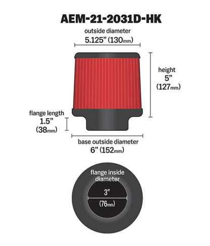 AEM 21-2031D-HK for Dryflow 3in. X 5in. Round Tapered Air Filter